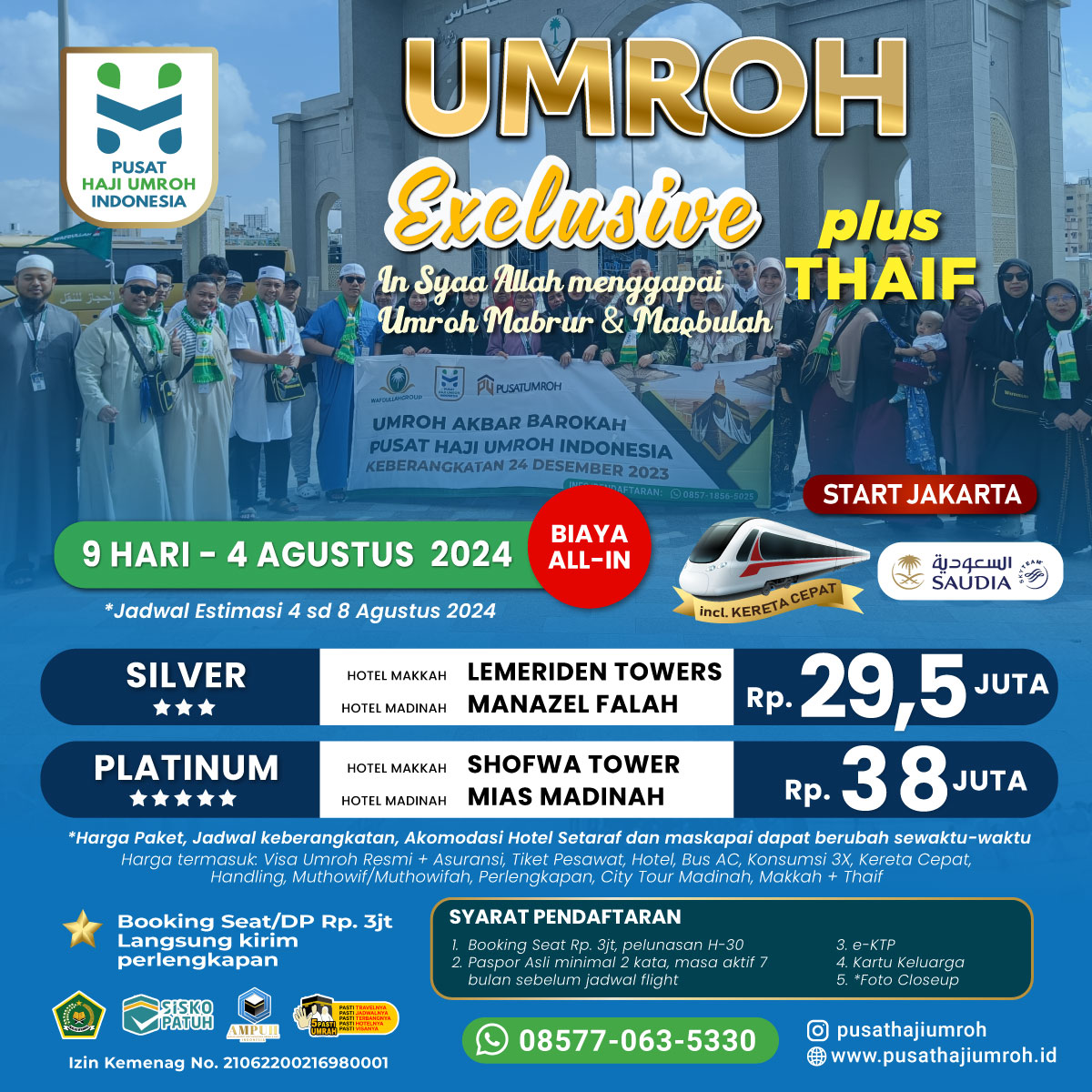 Paket Biaya Umroh Agustus 2024, Pesawat Direct + Kereta Cepat